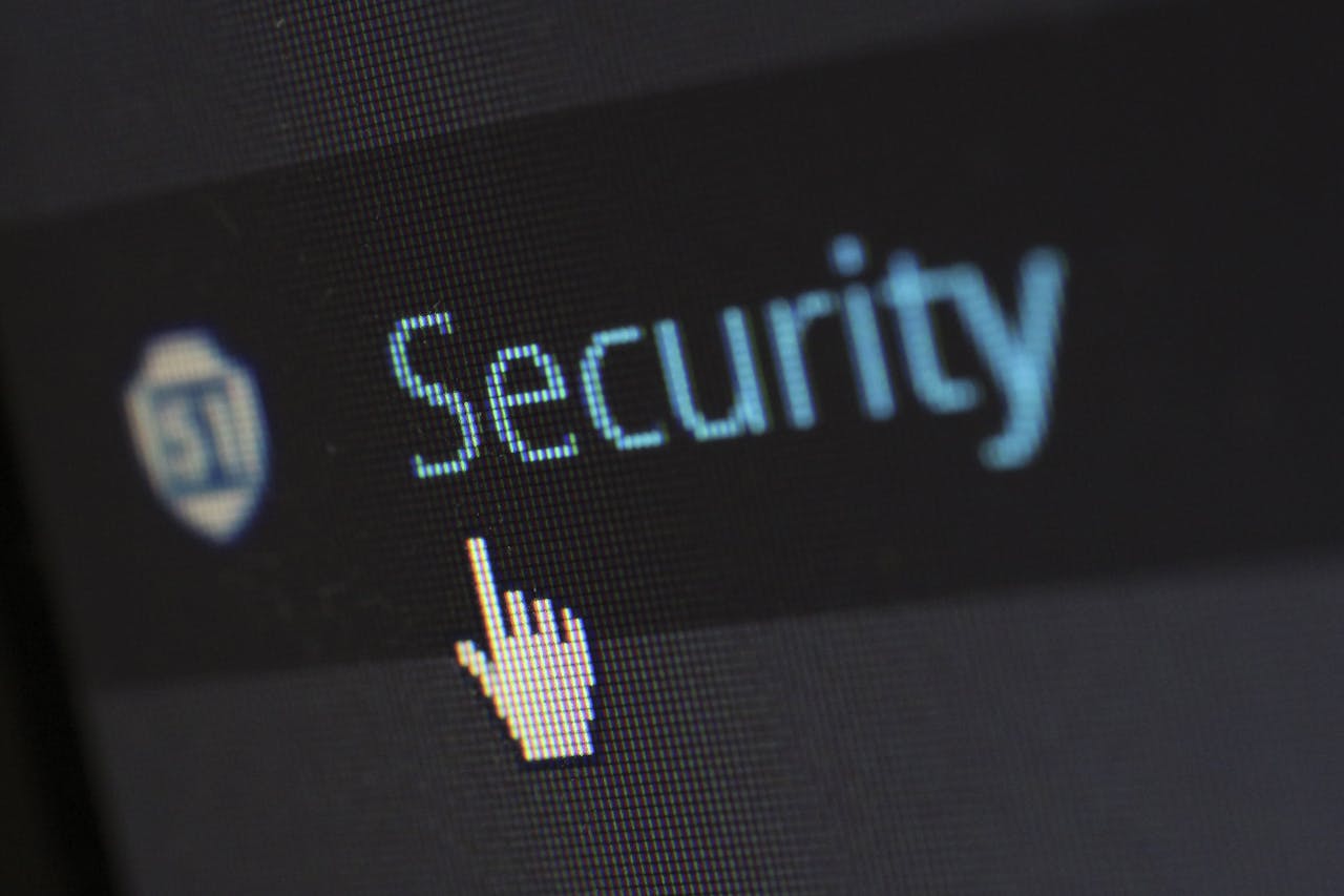 journey Close-up view of a mouse cursor over digital security text on display.
